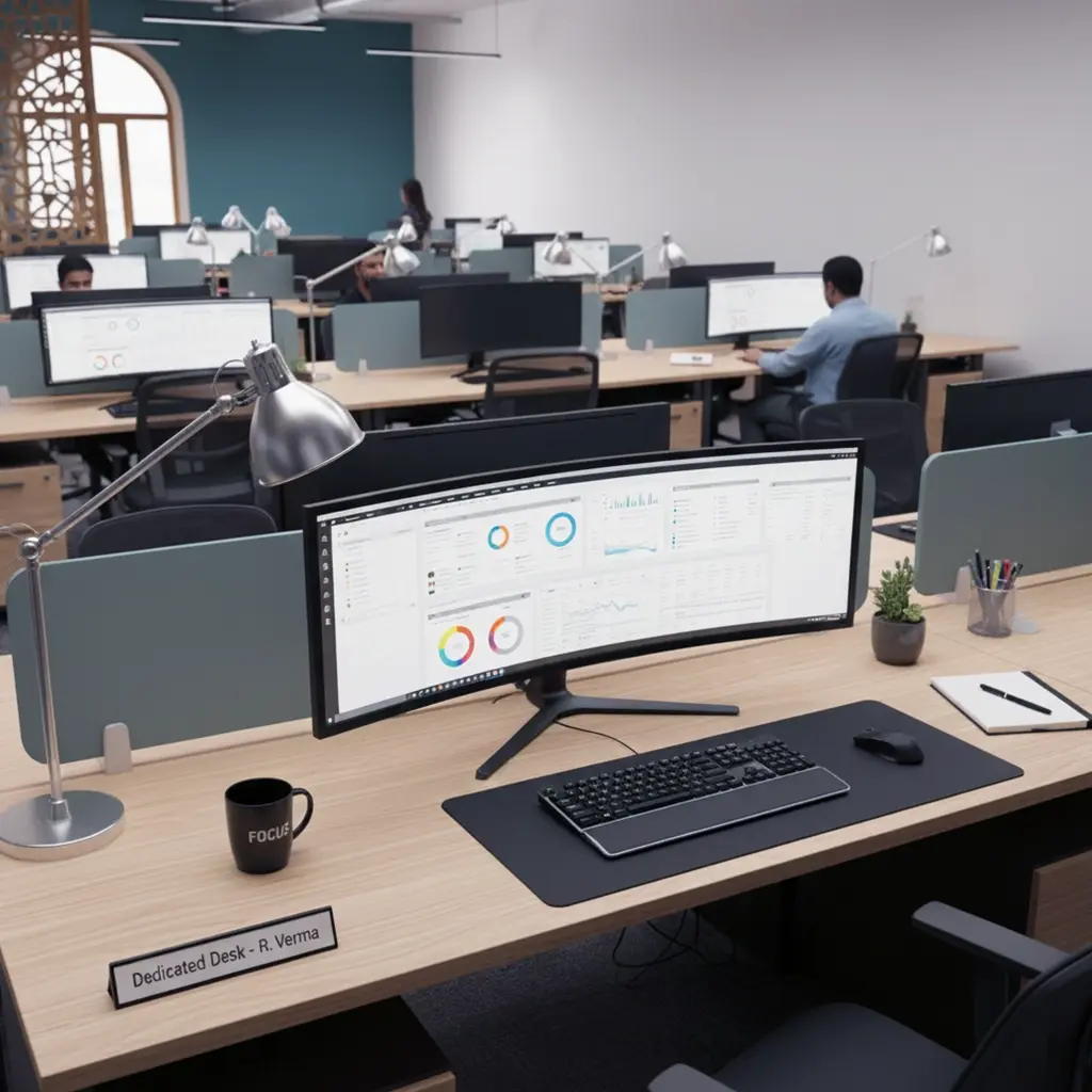 Dedicated desk workspace with chair and computer setup